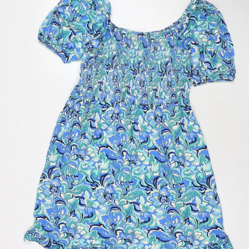Roman Womens Blue Floral Rayon Fit & Flare Size 12 Square Neck Pullover