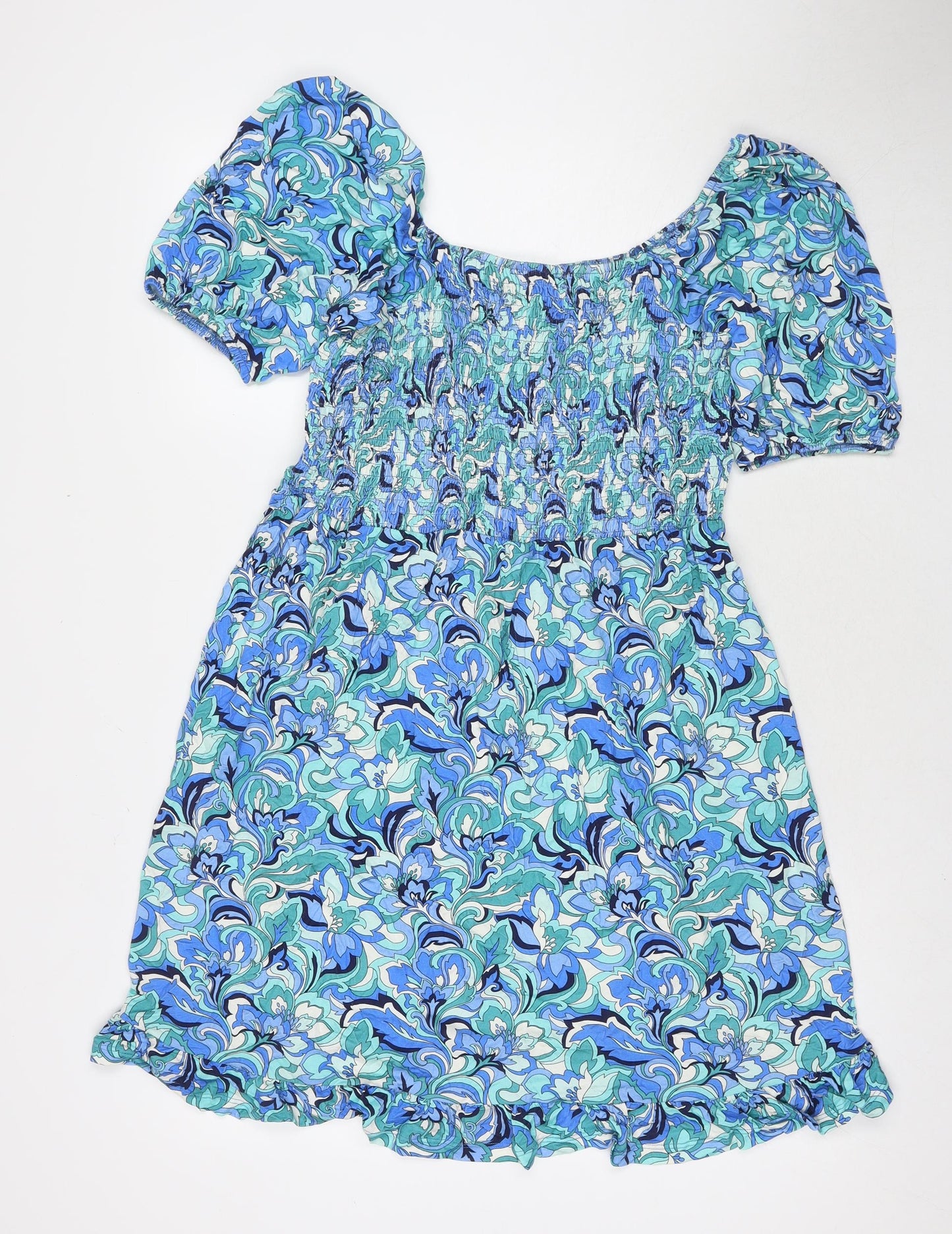 Roman Womens Blue Floral Rayon Fit & Flare Size 12 Square Neck Pullover