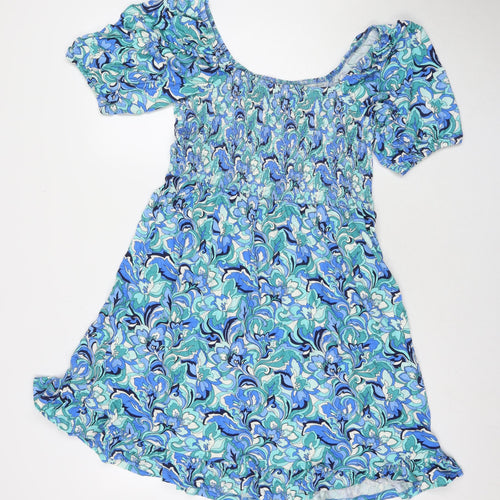 Roman Womens Blue Floral Rayon Fit & Flare Size 12 Square Neck Pullover
