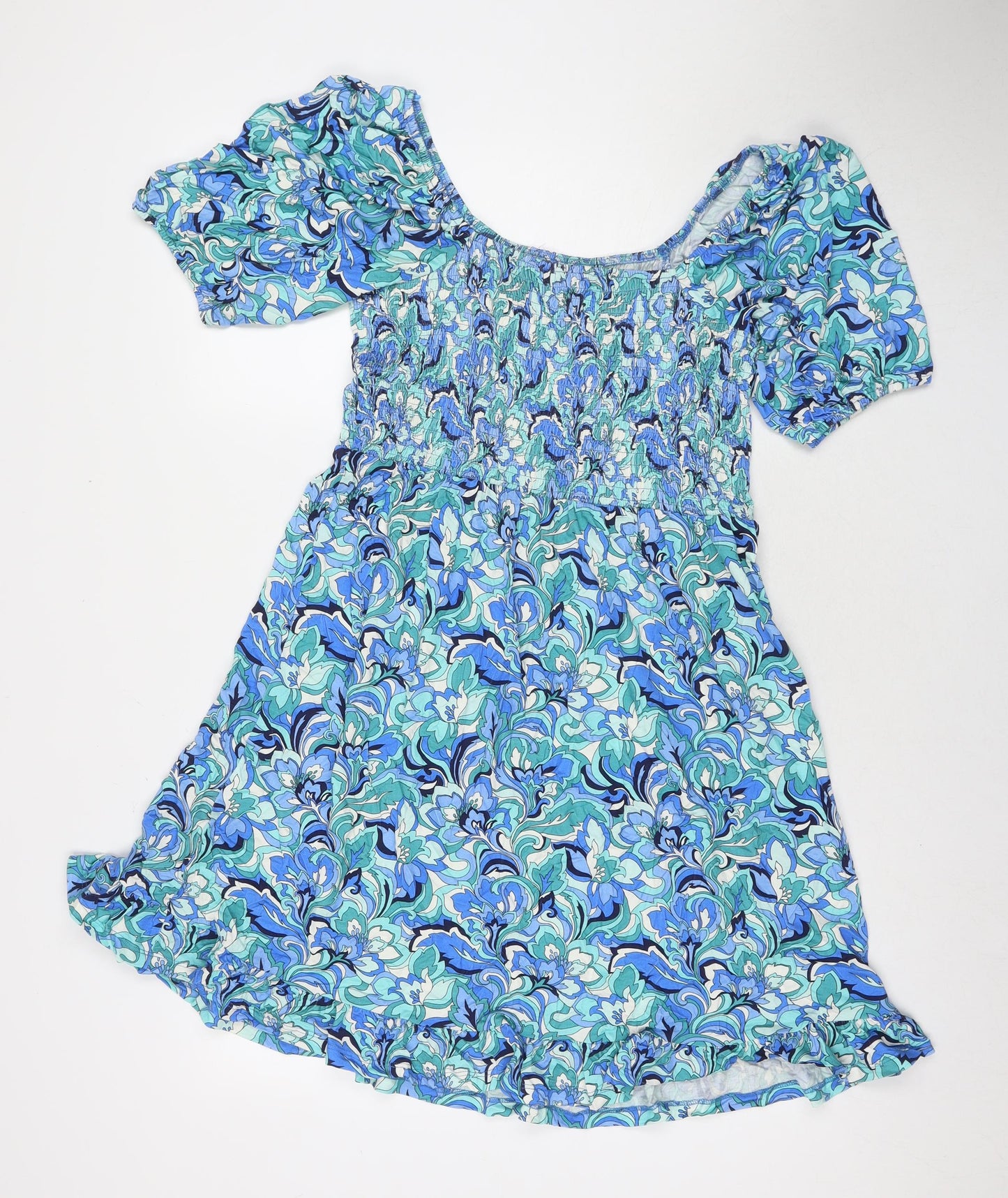 Roman Womens Blue Floral Rayon Fit & Flare Size 12 Square Neck Pullover