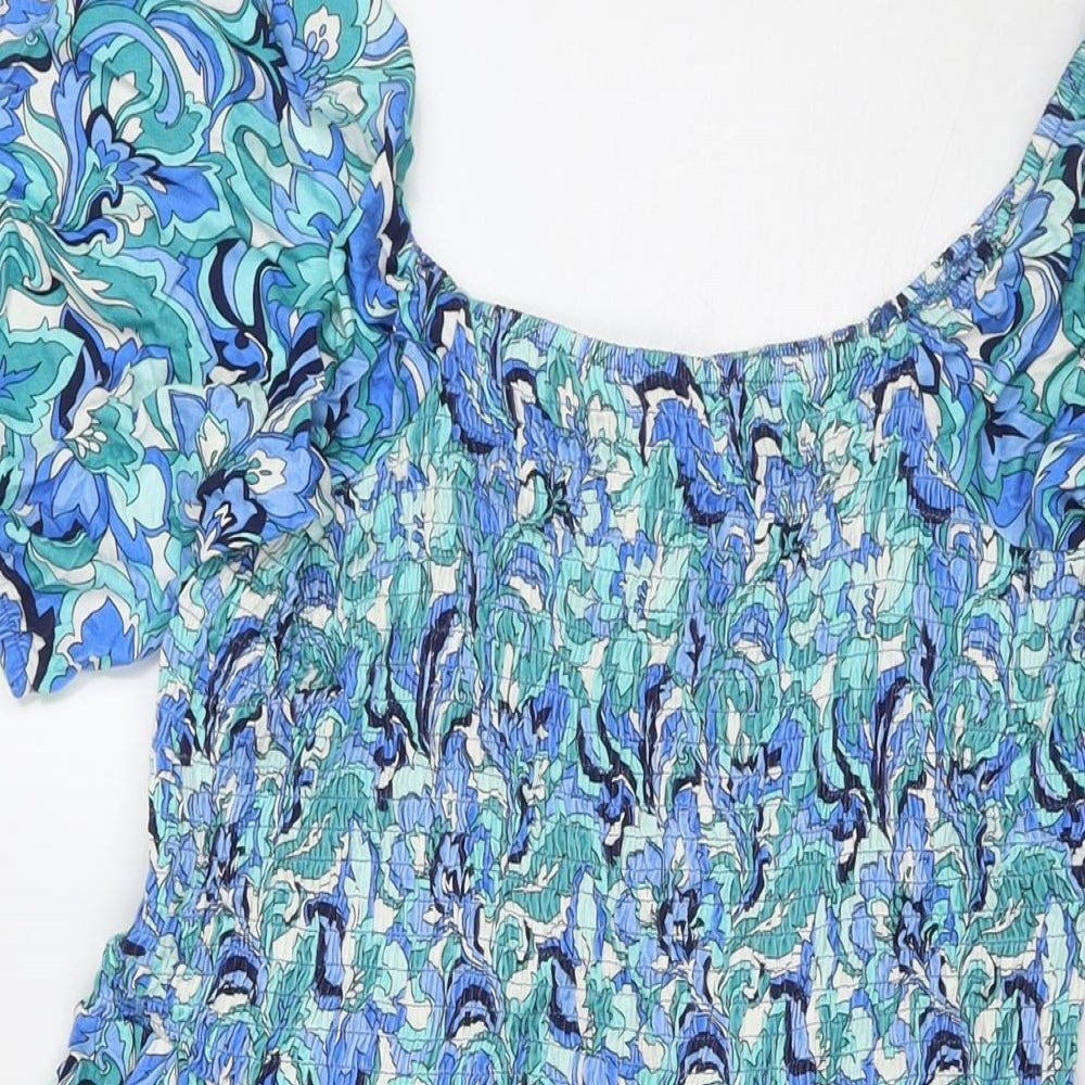 Roman Womens Blue Floral Rayon Fit & Flare Size 12 Square Neck Pullover