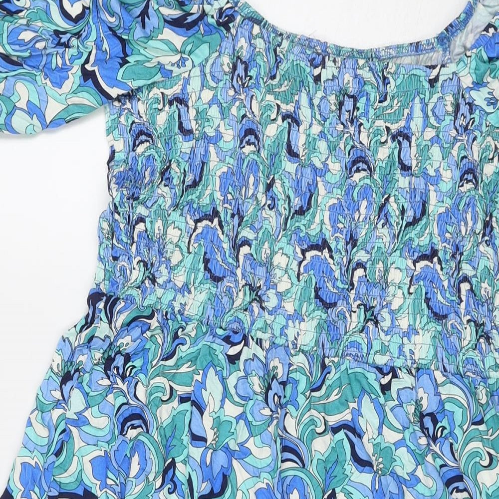 Roman Womens Blue Floral Rayon Fit & Flare Size 12 Square Neck Pullover