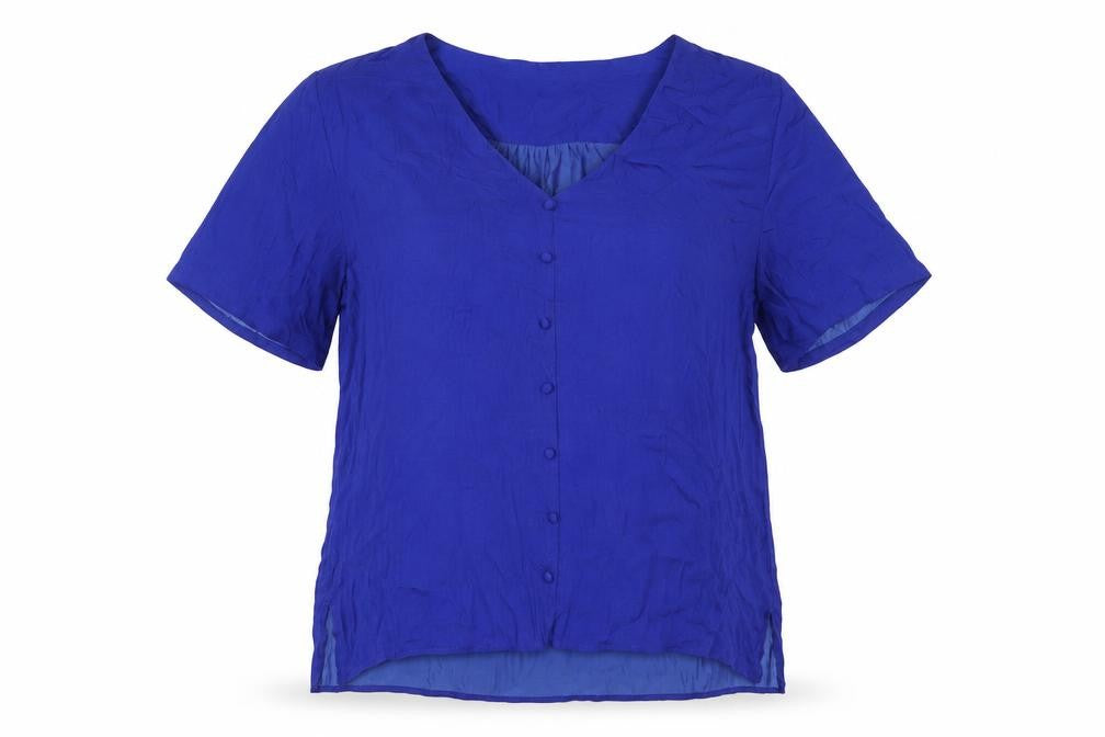 Front view of Sfera women’s blue polyester basic t-shirt, size L, round neck
