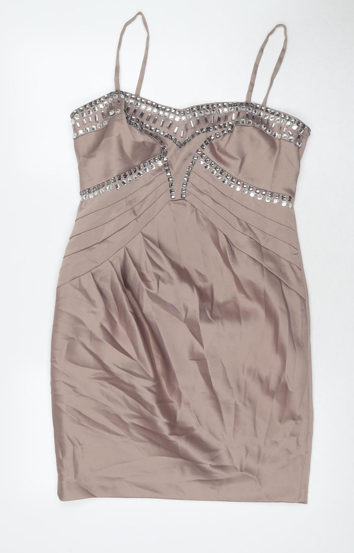 New Look Womens Beige Polyester A-Line Size 14 Sweetheart Zip - Jeweled Detail