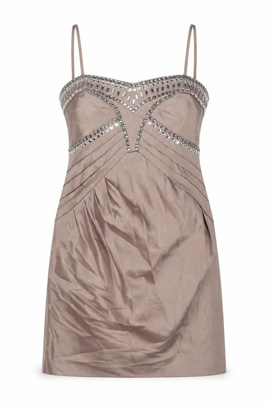 Front view of New Look women’s beige polyester a-line, size UK 14, sweetheart zip - jeweled detail