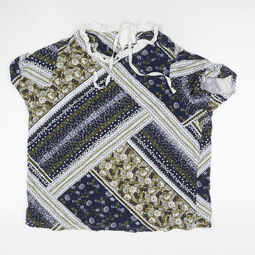 Marks and Spencer Womens Blue Geometric Cotton Basic T-Shirt Size 18 Round Neck