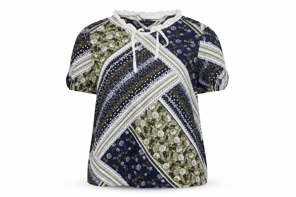 Front view of Marks & Spencer women’s blue geometric cotton basic t-shirt, size UK 18, round neck