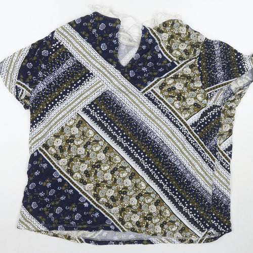 Marks and Spencer Womens Blue Geometric Cotton Basic T-Shirt Size 18 Round Neck