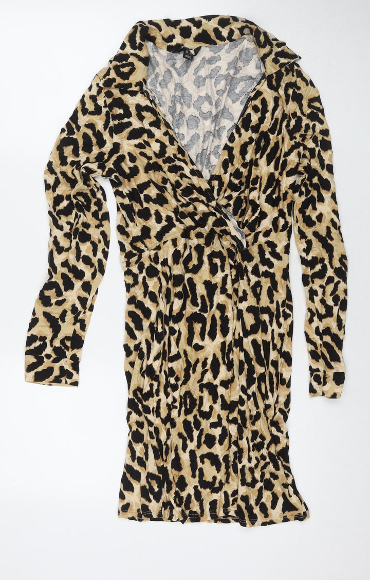 New Look Womens Beige Animal Print Viscose A-Line Size 14 Collared Pullover - Leopard Print