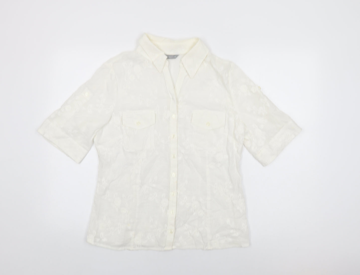 Per Una Womens White Floral Cotton Basic Button-Up Size 14 Collared