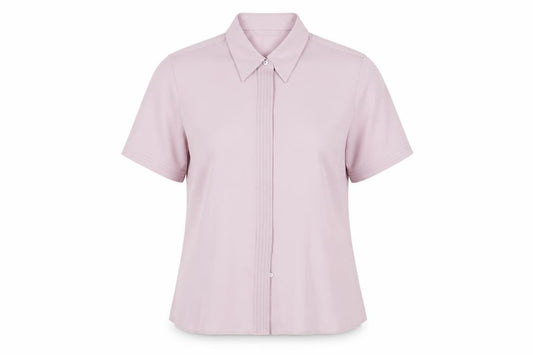 Front view of Marks & Spencer women’s pink polyester basic button-up, size UK 14, collared