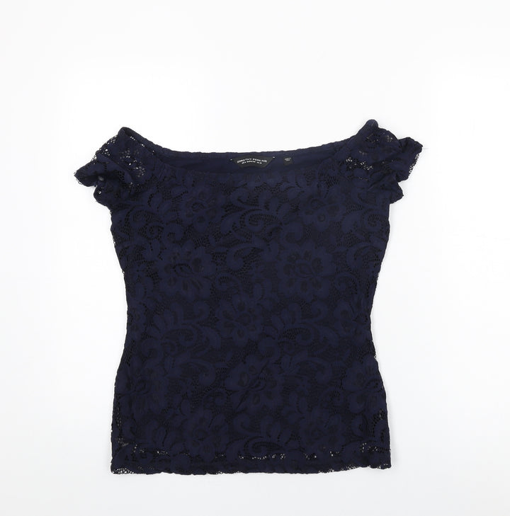 Dorothy Perkins Womens Blue Floral Nylon Basic T-Shirt Size 10 Off the Shoulder