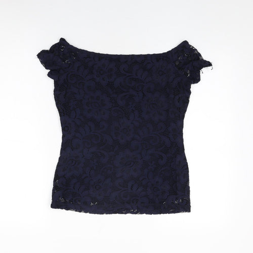 Dorothy Perkins Womens Blue Floral Nylon Basic T-Shirt Size 10 Off the Shoulder