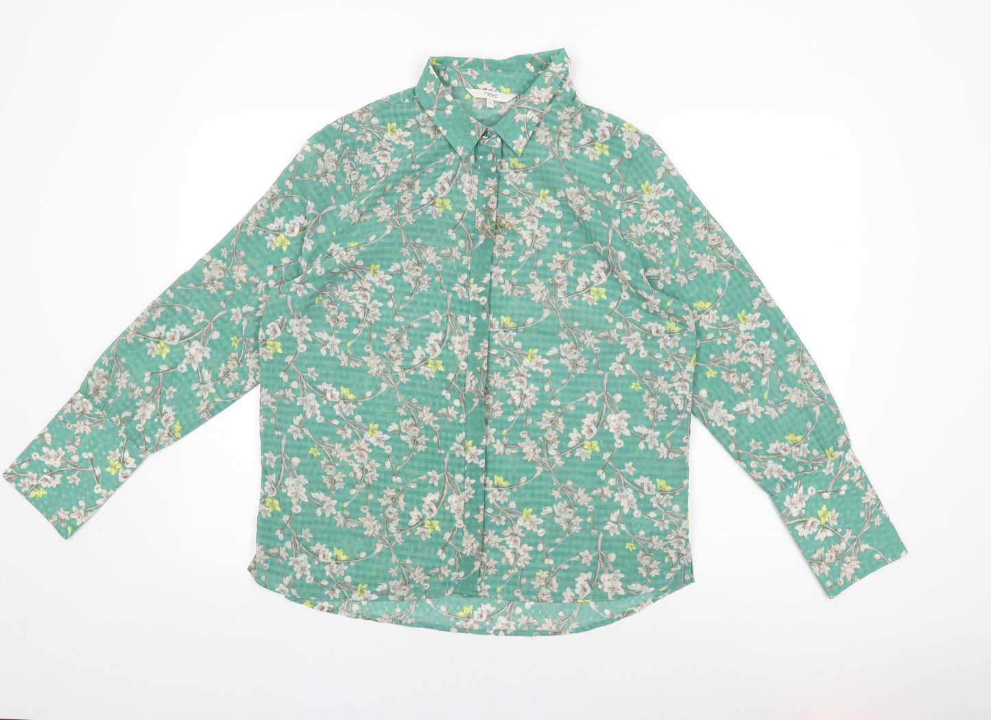 NEXT Womens Green Floral Polyester Basic Button-Up Size 14 Collared