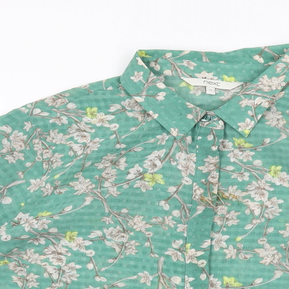 NEXT Womens Green Floral Polyester Basic Button-Up Size 14 Collared