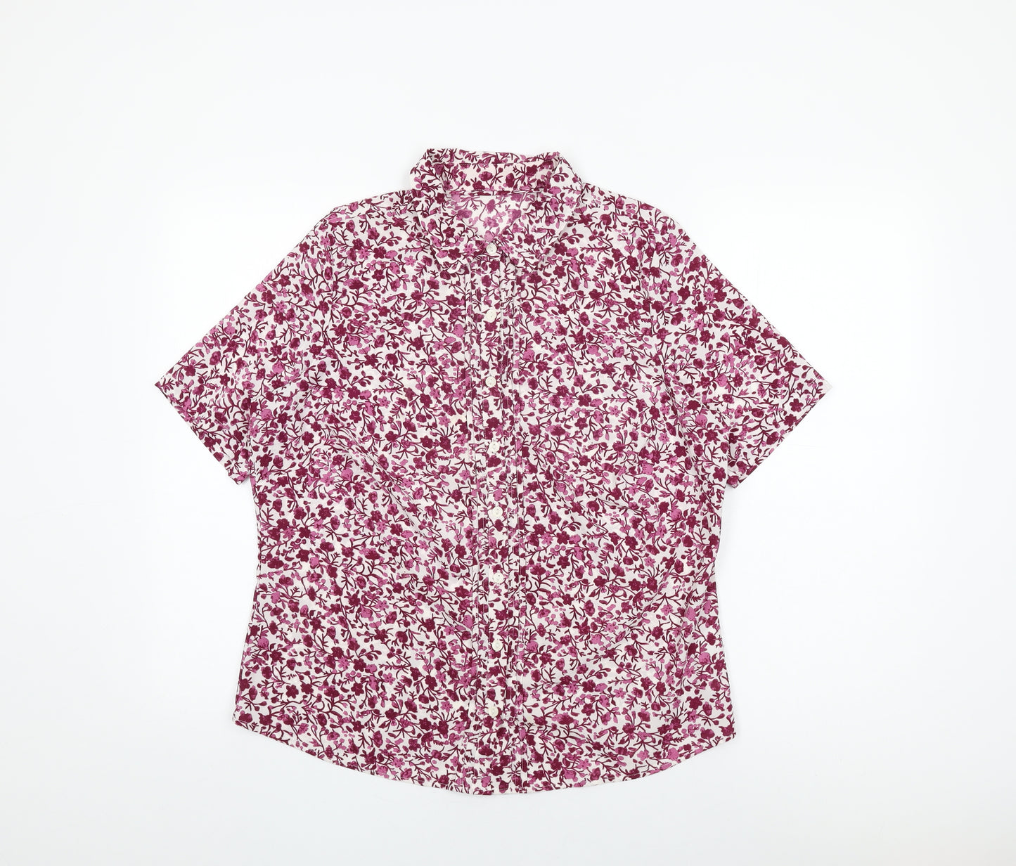 Marks and Spencer Womens White Floral Polyester Basic Button-Up Size 14 Collared