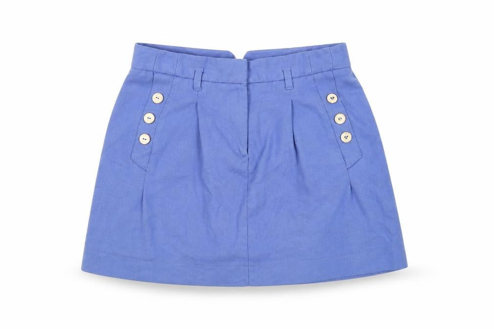 Front view of Topshop women’s blue polyester mini skirt, size UK 10, zip