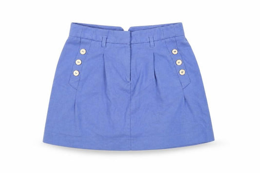 Front view of Topshop women’s blue polyester mini skirt, size UK 10, zip