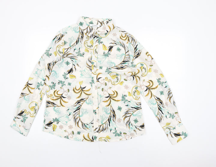 Marks and Spencer Womens White Floral Polyester Basic Button-Up Size 12 Collared