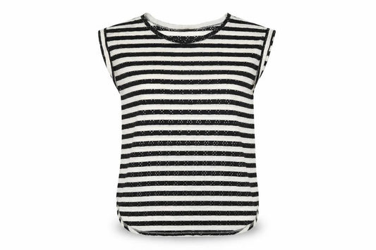 Front view of Oasis women’s ivory striped polyester basic t-shirt, size S, round neck