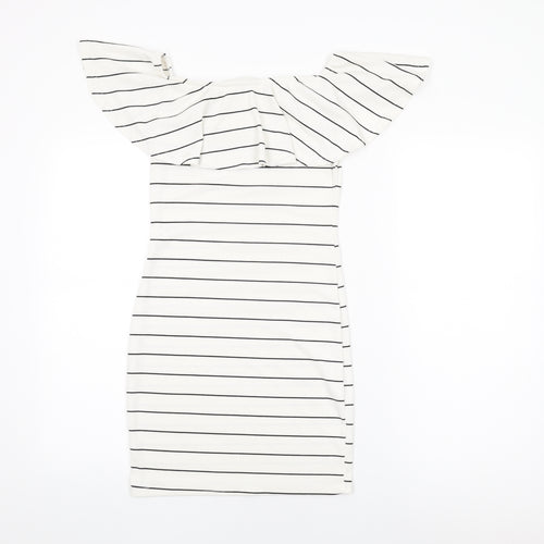 Missguided Womens White Striped Polyester Bodycon Size 8 Off the Shoulder Pullover