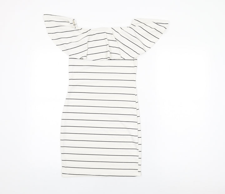 Missguided Womens White Striped Polyester Bodycon Size 8 Off the Shoulder Pullover