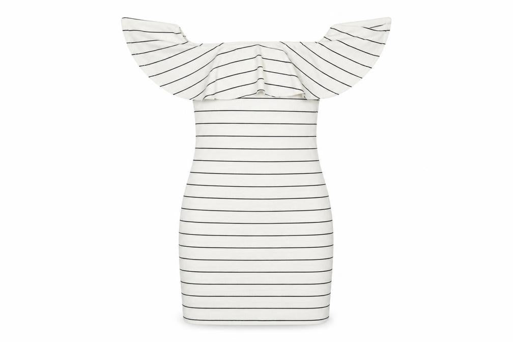Front view of Missguided women’s white striped polyester bodycon, size UK 8, off the shoulder pullover