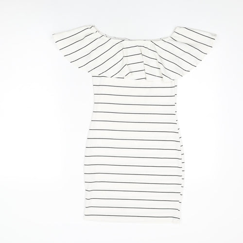 Missguided Womens White Striped Polyester Bodycon Size 8 Off the Shoulder Pullover