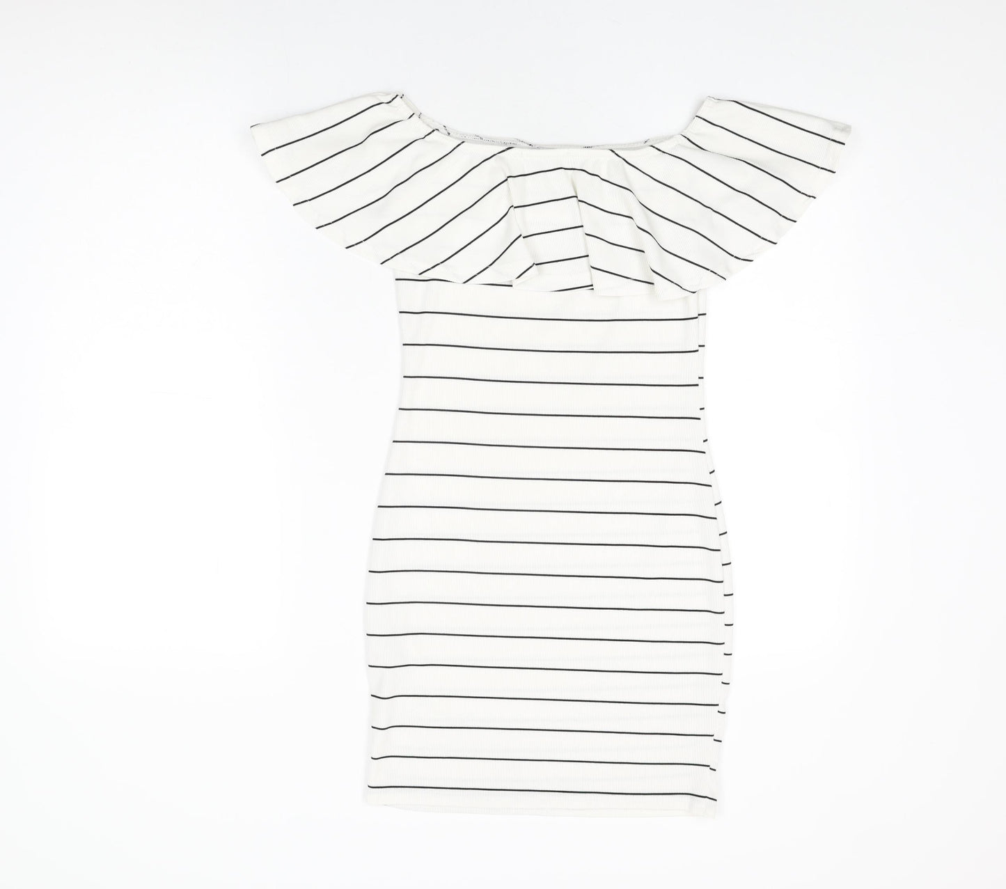 Missguided Womens White Striped Polyester Bodycon Size 8 Off the Shoulder Pullover
