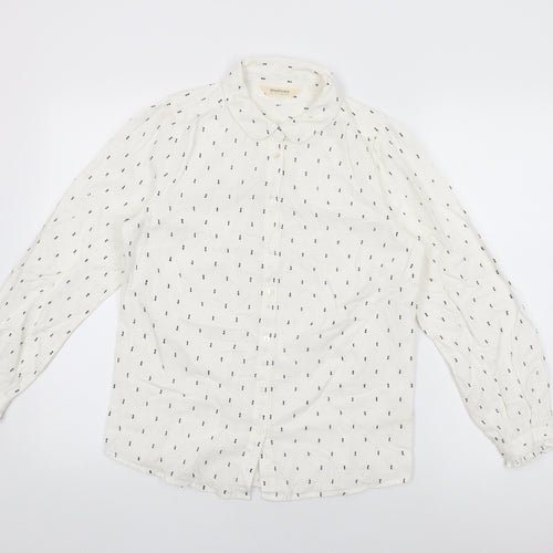 Woolovers Womens White Geometric Cotton Basic Button-Up Size 12 Collared