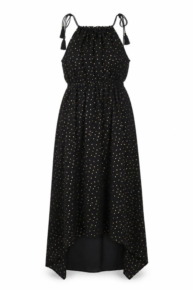 Front view of Calliope women’s black polka dot polyester shift, size M, round neck tie