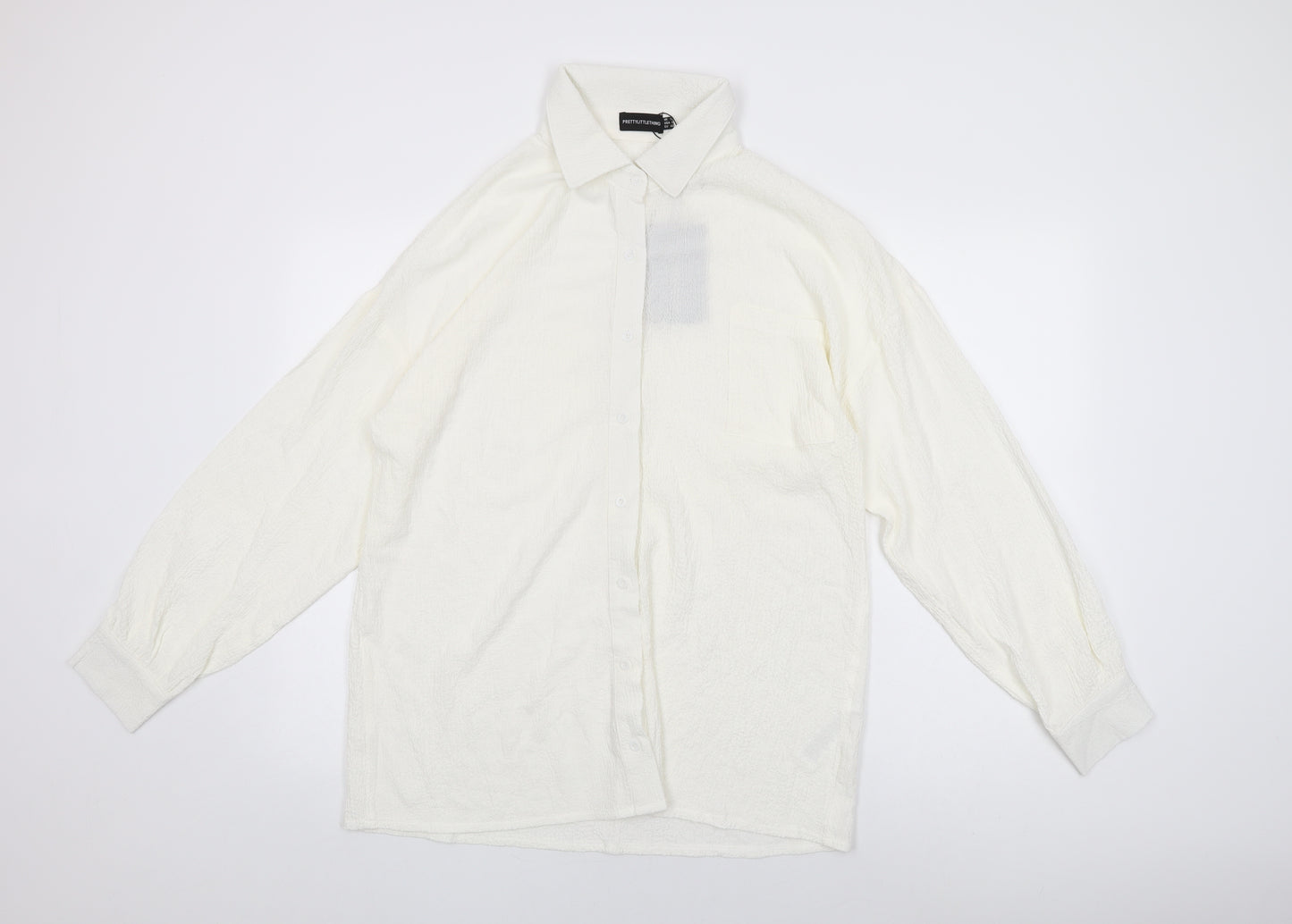 PRETTYLITTLETHING Womens White Polyester Basic Button-Up Size 12 Collared