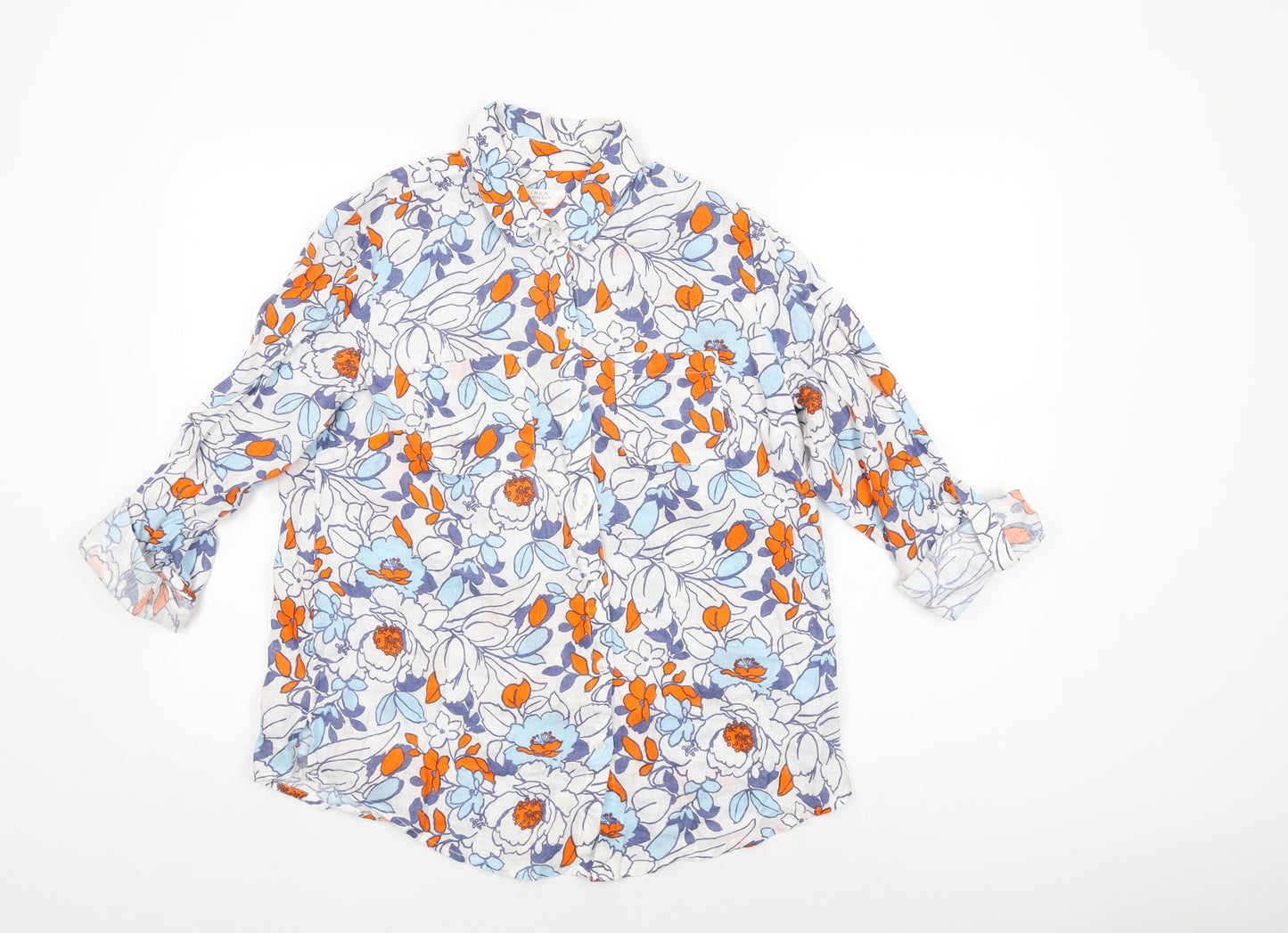 Charter Club Womens White Floral Linen Basic Button-Up Size S Collared