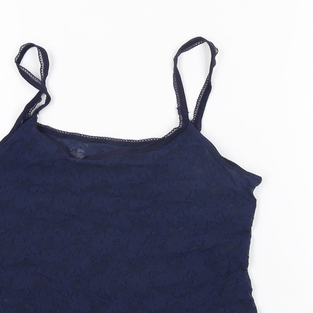 Marks and Spencer Womens Blue Floral Polyamide Cropped T-Shirt Size 12 Round Neck
