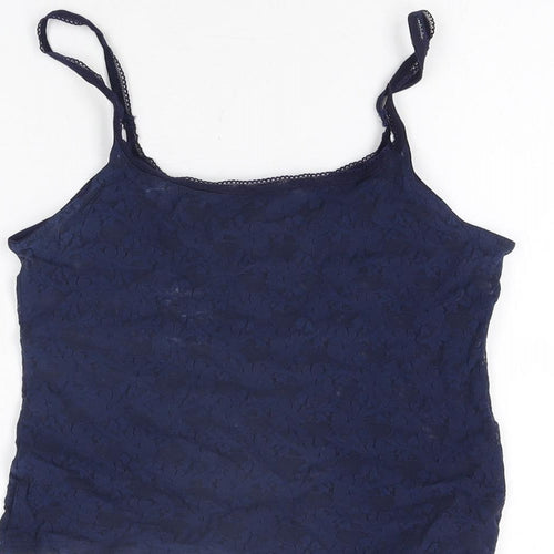 Marks and Spencer Womens Blue Floral Polyamide Cropped T-Shirt Size 12 Round Neck
