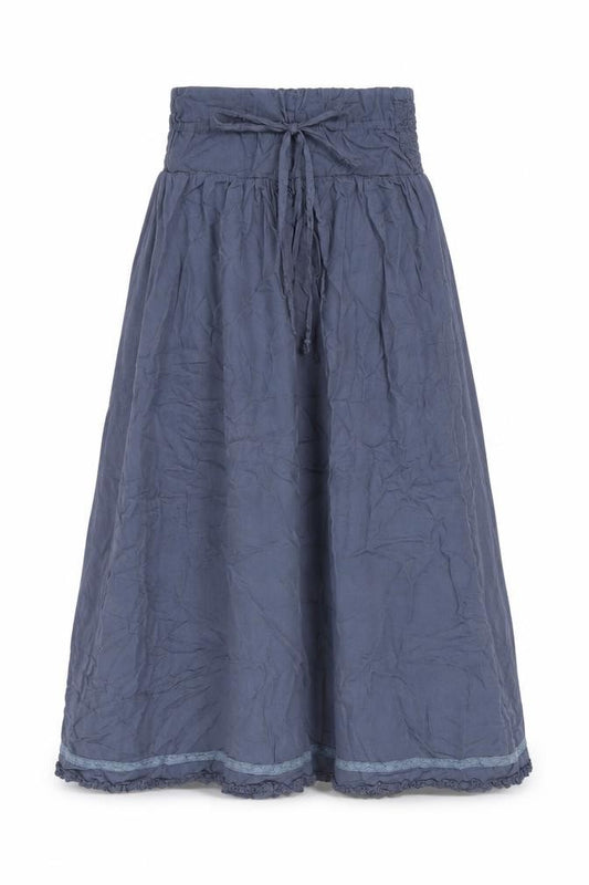 Front view of Miz Dee women’s blue polyester swing skirt, size L, drawstring
