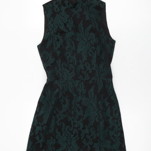 H&M Womens Black Floral Polyester Shift Size 6 Round Neck Zip