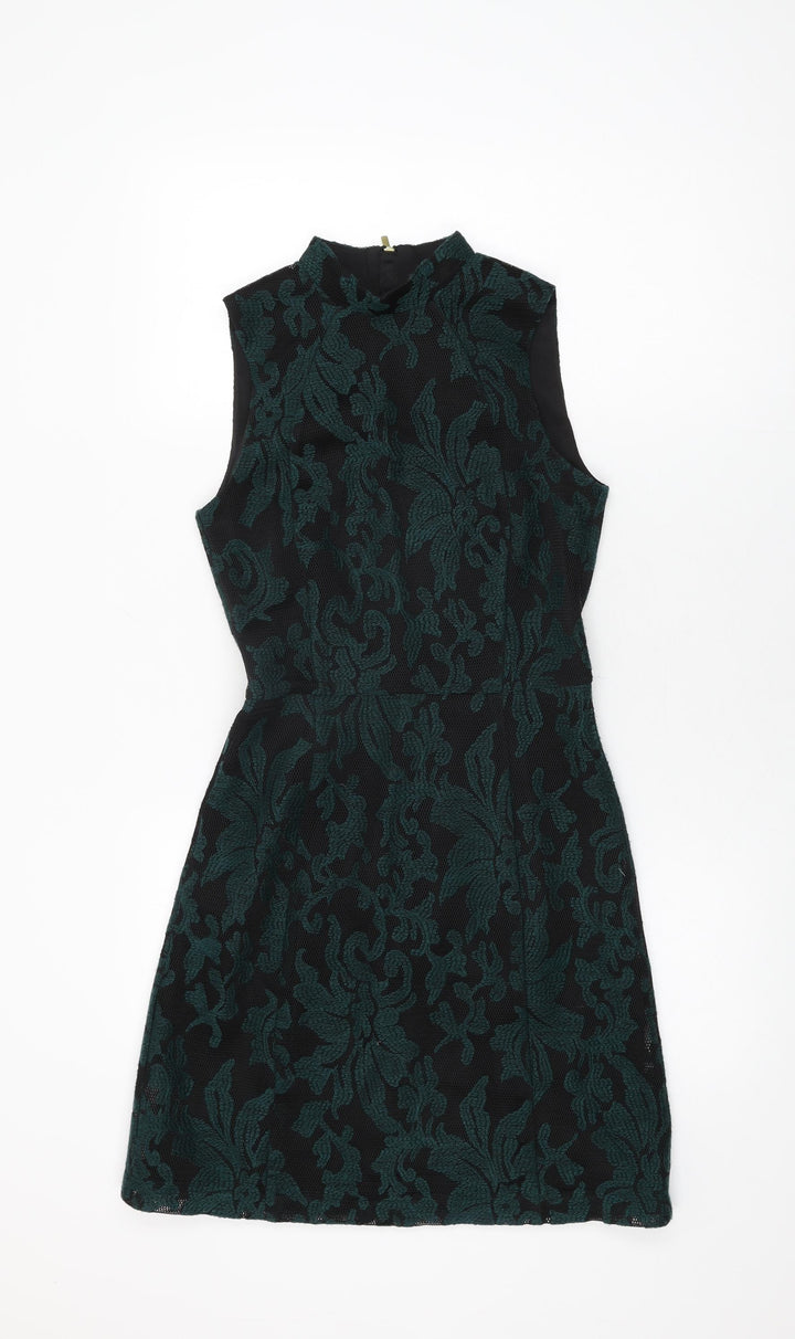 H&M Womens Black Floral Polyester Shift Size 6 Round Neck Zip