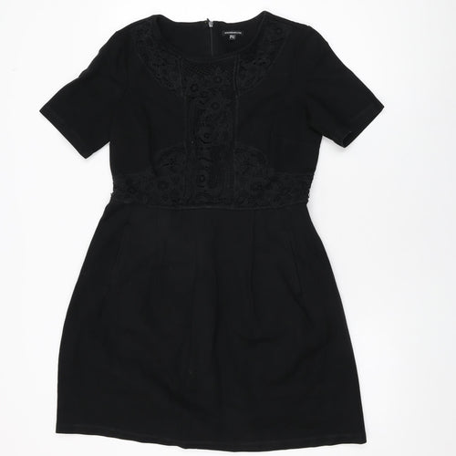 Warehouse Womens Black Floral Cotton A-Line Size 14 Round Neck Zip