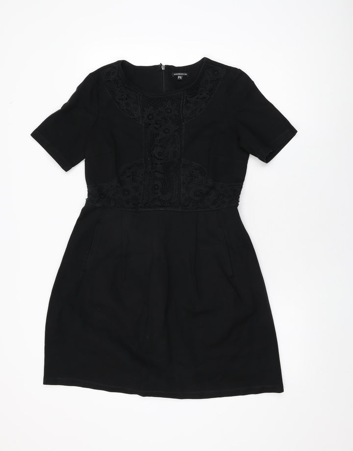Warehouse Womens Black Floral Cotton A-Line Size 14 Round Neck Zip