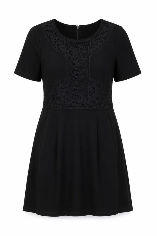 Front view of Warehouse women’s black floral cotton a-line, size UK 14, round neck zip