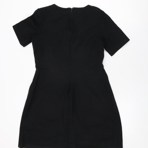 Warehouse Womens Black Floral Cotton A-Line Size 14 Round Neck Zip