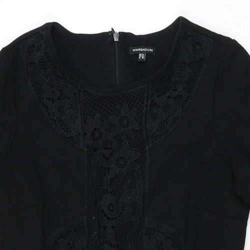 Warehouse Womens Black Floral Cotton A-Line Size 14 Round Neck Zip