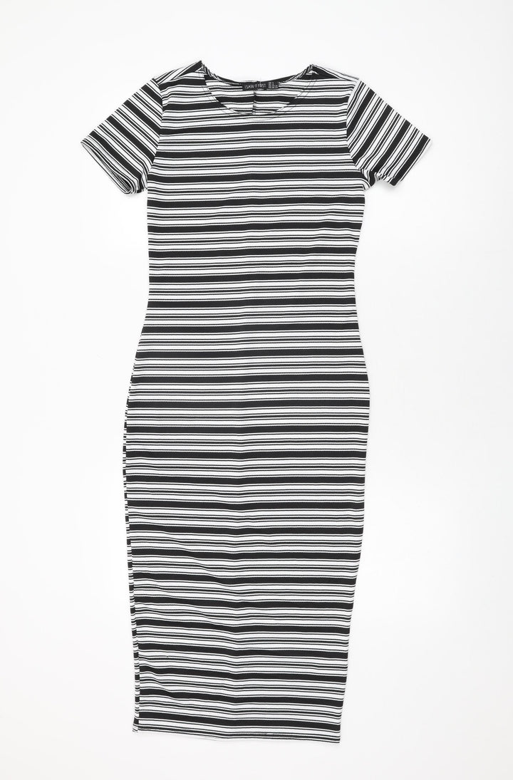 I SAW IT FIRST Womens White Striped Polyester Bodycon Size 8 Round Neck Pullover
