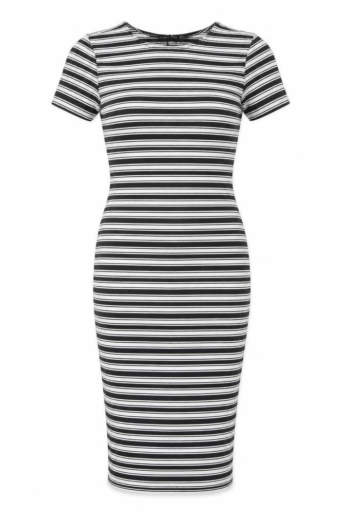 Front view of I SAW IT FIRST women’s white striped polyester bodycon, size UK 8, round neck pullover