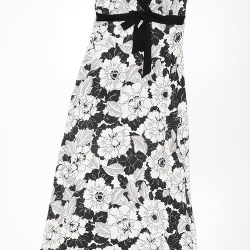 Oasis Womens White Floral Viscose Maxi Size 10 V-Neck Tie
