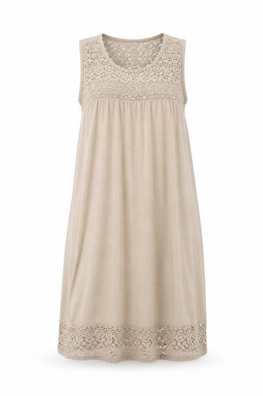 Front view of H&M women’s beige viscose shift, size M, round neck pullover