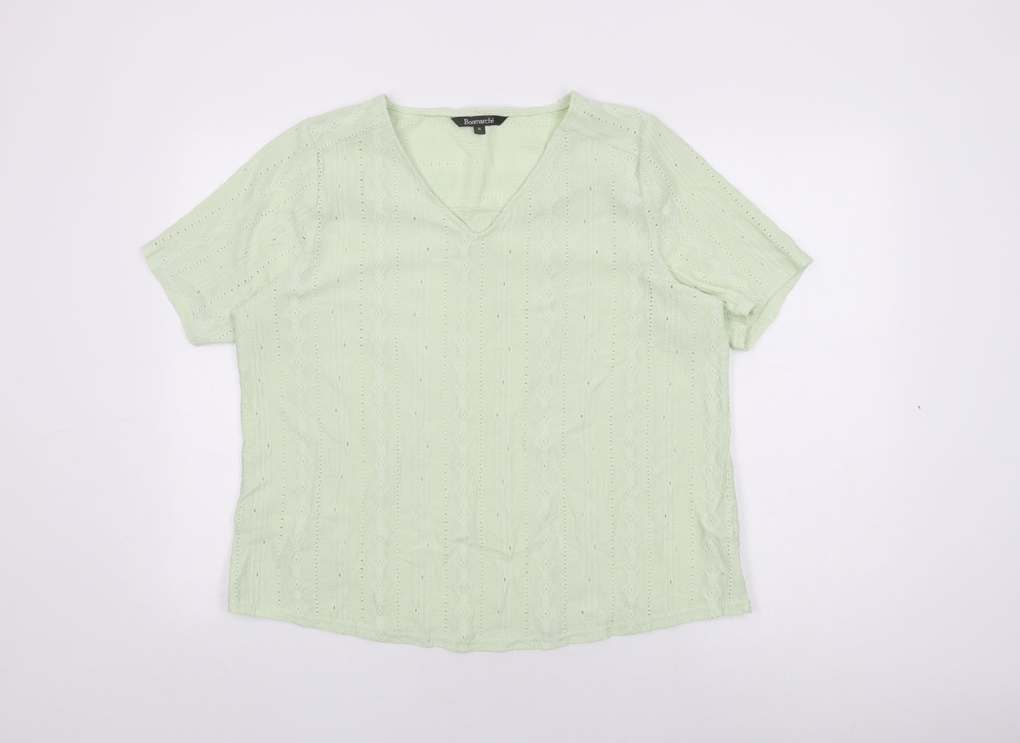 Bonmarché Womens Green Geometric Polyester Basic T-Shirt Size 16 V-Neck