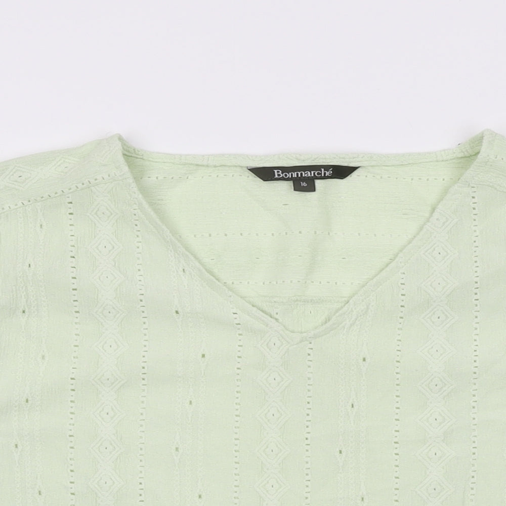 Bonmarché Womens Green Geometric Polyester Basic T-Shirt Size 16 V-Neck