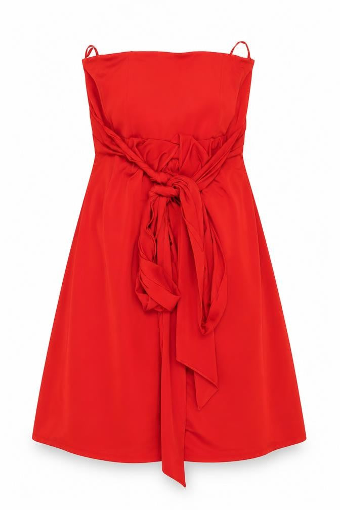 Front view of Truth & Fable women’s red polyester shift, size S, off the shoulder tie